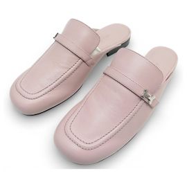 Hermès SAPATOS HERMES IENA H241037Z 39 MULES EM COURO ROSA FIVELA H + CAIXA DE SAPATOS