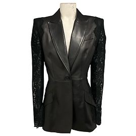 Blazer de piel de cordero con ribete de encaje negro Alexander McQueen