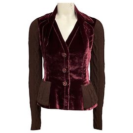 Blazer vintage Christian Dior Boutique de terciopelo borgoña con ribete de punto de lana marrón
