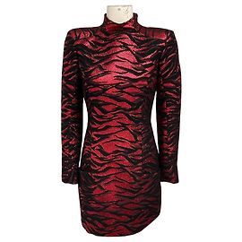 Robe de cocktail courte Balmain imprimé animal métallique rouge / noir