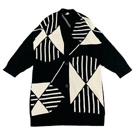 Hermès Mantel Schwarz Kaschmir Geometrisches Muster Größe 38