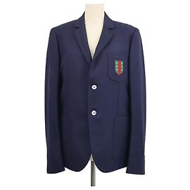 Blazer Gucci monopetto in misto tessuto blu navy con emblema ricamato sul taschino