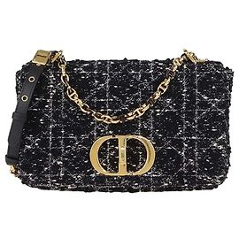 Bolso de hombro mediano Caro de tweed Macrocannage negro y blanco Christian Dior