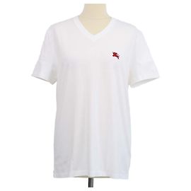 T-shirt Burberry in cotone bianco con logo ricamato e scollo a V