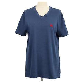 T-shirt Burberry blu navy in cotone con logo ricamato e scollo a V