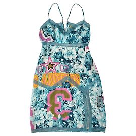 John Galliano Mini-Abito Vintage Blu Stile Sport Romantico Stampa Floreale, Los Angeles, Spalline in Pizzo Anni 2000 Y2K Poliestere Taglia S Donna Designer Italiano