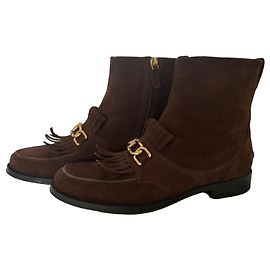 Tod's Suede Fringe Ankle Boots with Gold Chain