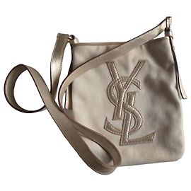 Yves Saint Laurent Schultertasche aus beigem Canvas und goldenem Leder