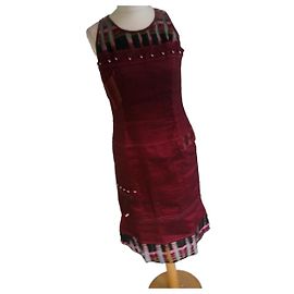 inconnue Robe courte O.K.S. lin bordeaux imprimé carreaux