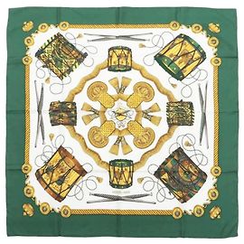 Hermès Lenço Carré 90 Les Tambours verde e branco
