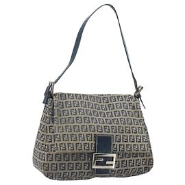 FENDI Zucchino Canvas Mamma Baguette Schultertasche Navy Silver