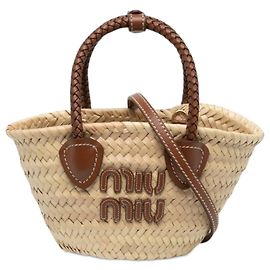 Miu Miu Beige Raffia Logo Braided Top Handle Bag