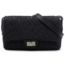 Chanel Black Jumbo Sequin Embellished Quilted Tweed Reissue 2.55 Messenger Flap