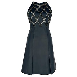 Abito senza maniche Hudson in pelle e lana blu navy con fiori di cristallo Erdem