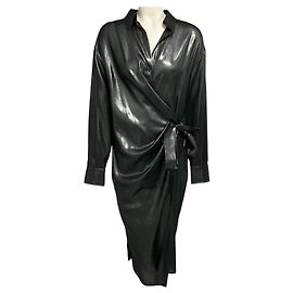 Vestido camisa midi envelope em gaze de lã lamé metálico Black Stone Brunello Cucinelli