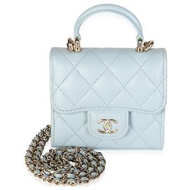 Mini Clutch Top Handle Chanel in Pelle di Agnello Matelassé Blu Chiaro con Catena