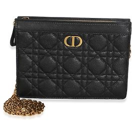 Bolso pouch con cremallera y cadena Caro en piel de ternera Cannage negra Christian Dior