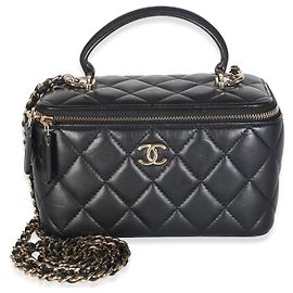 Chanel Petit Vanity Case à Poignée Supérieure en Agneau Matelassé Noir avec Chaîne