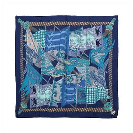 Hermès Carré 90 "Etendards et Bonnieres flag" Pañuelo de Cachemira x Seda en Azul