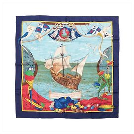 Hermès Carré 90 "Christoffer Columbus decouvre l'Amerique" Lenço de seda Azul