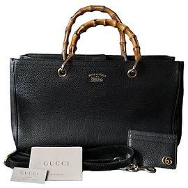 Gucci Bamboo Shopper Bolsa em Couro Preto e Porta-cartões GG Set