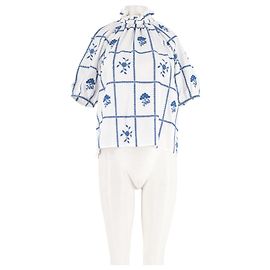 Top de algodão branco SéZane com bordados florais azuis