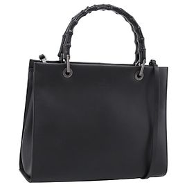 GUCCI Bamboo Hand Bag Leather 2way Black Silver 002 1016
