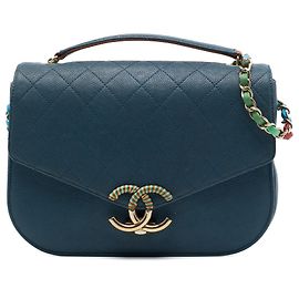 Chanel Blue Paris Cuba Medium Quilted Caviar Thread Around Flap