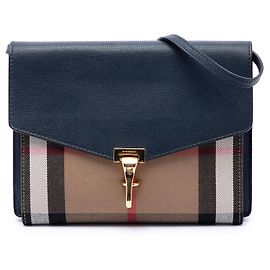 Bolsa Tiracolo Burberry Derby Macken em couro azul e lona House Check, tamanho Small
