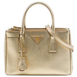 Prada Gold Mini Metallic Saffiano Lux Galleria Double Zip Satchel