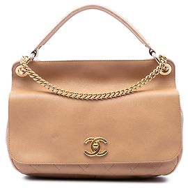 Chanel Beige CC Stitched Caviar Turnlock Top Handle Flap