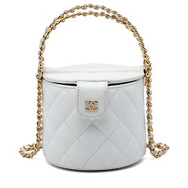 Borsa vanity rotonda Chanel CC in pelle di agnello matelassé bianca con manico superiore e catena
