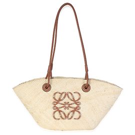 Panier Tote Small Anagram Loewe en cuir de veau Natural Tan et raphia