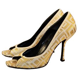 Gianni Versace Gold and White Leather Open-Toe Pumps