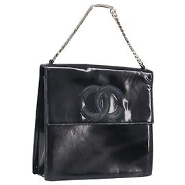 Bolsa de mão CHANEL COCO Mark Chain Couro envernizado Preto Prata CC