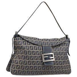 FENDI Zucchino Canvas Mamma Baguette Schultertasche Navy Silver