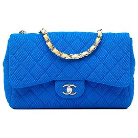 Chanel Blue Jumbo Classic Perforated Jersey Single Flap