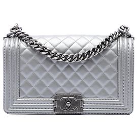 Chanel Gray Old Medium Quilted Metallic Caviar Boy Flap