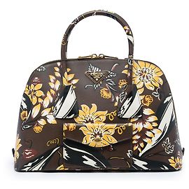 Bolso Promenade Prada Brown Large Saffiano Lux Floral Print con bolsillo frontal