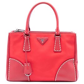 Bolsa Prada Galleria Double Zip em Tessuto e Saffiano Stitch, Vermelha, Medium