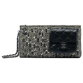 Chanel Black Monochrome Tweed Embellished Mineral Nights Pochette Wristlet