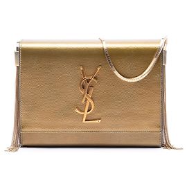 Autre Marque Saint Laurent Gold Small Metallic Grain de Poudre Monogram Kate Box Chain Crossbody