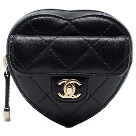 Chanel Black Lambskin CC In Love Heart Zipped Arm Coin Purse