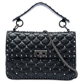 Bolsa Satchel Valentino Rockstud Spike em Nappa enrugado preto Medium