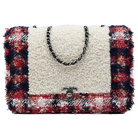 Chanel White CC Tweed and Shearling Single Flap