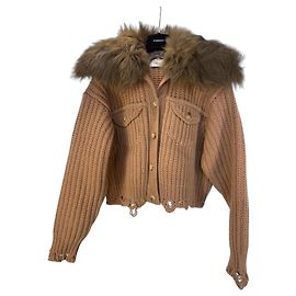 Blumarine Cardigã marrom em lã e cashmere com gola de pele