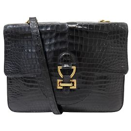 Hermès VINTAGE HERMES SANDRINE HANDTASCHE SCHWARZES POROSUS KROKODILLEDER SCHULTERTASCHE