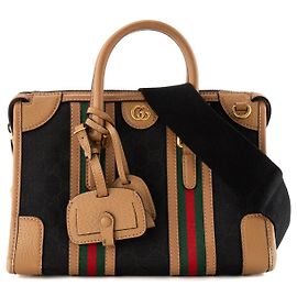 GUCCI - Bolso de hombro Gucci Bauletto en lona monogramada negra y cuero marrón