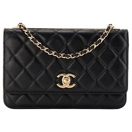 CHANEL - Wallet On Chain Trendy CC Chanel Schultertasche aus schwarzem glattem Leder