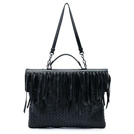 Mala de negócios Bottega Veneta em nappa intrecciato preta com franjas